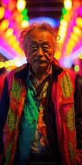 Fototapeta na wymiar An asian man standing in front of colorful lights. Generative AI.
