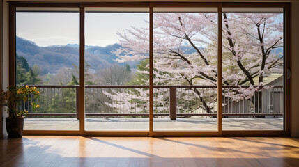 Empty Japanese room with wooden flooring, sakura flowers spring blossom view from the window in Japan