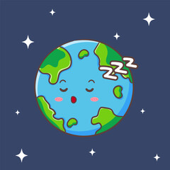 Cute earth sleeping cartoon. Earth hour concept design. Isolated white background. Globe flat vector illustration.