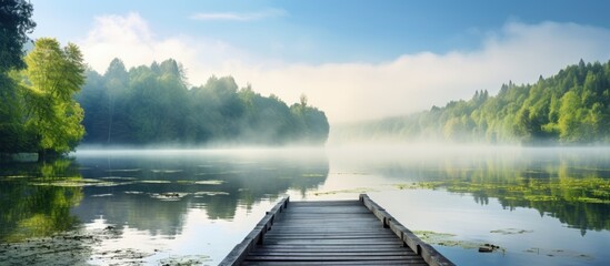 Peaceful water surrounds a calm lake in Bombannes, France, where a wooden pontoon is situated. - obrazy, fototapety, plakaty