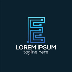 Modern E letter techonology logo design with gradient color vector template illustration