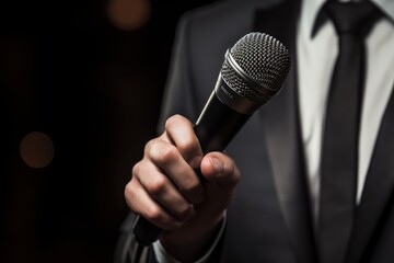 Photo of a CEO's hand holding a microphone without visible branding. Generative AI