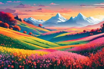 Gorgeous vector image of a fantasy landscape field brimming with color and springtime. flowers against a morning-lit backdrop of mountains.
