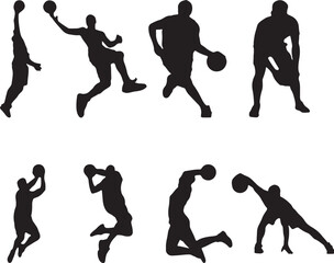 set of silhouettes of people playing basketball