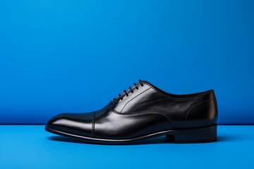 Photo of a pair of black leather shoes against a deep blue backdrop. Generative AI