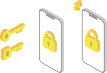 カギでロックされたスマートフォンのアイソメトリックイラスト2