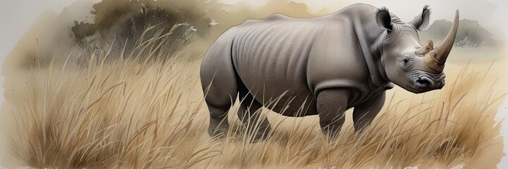 Watercolor painting of a rhino in the grass