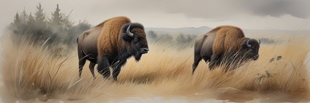 Watercolor painting of bison in the grass