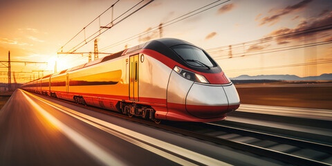 Fototapeta premium A high-speed train blurring past on tracks at sunset.