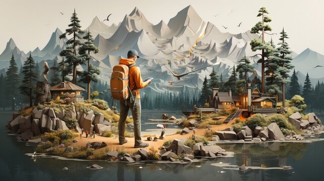 Summertrek Explorer: 3D Illustrations of Outdoor Enthusiasts Using Mobile Apps for Summer Adventures