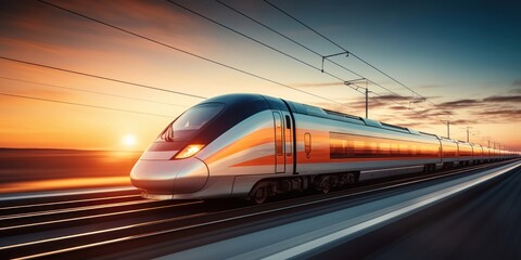 A high-speed train blurring past on tracks at sunset. - obrazy, fototapety, plakaty