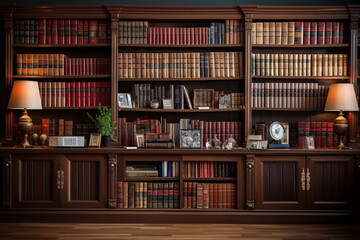 Vintage library with many books on shelves and tables. Beautiful interior, on the tables books and lamps. Background of books. Generative AI.