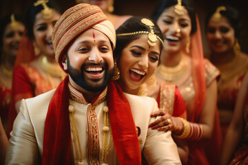 Happy Indian ethnic Bride and Groom wearing traditional costumes and jewellery on their wedding day
 - Powered by Adobe