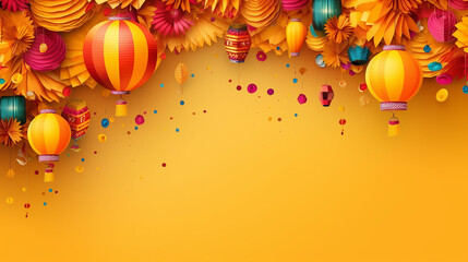 Festa Junina festival with party paper lantern on yellow background.  - obrazy, fototapety, plakaty