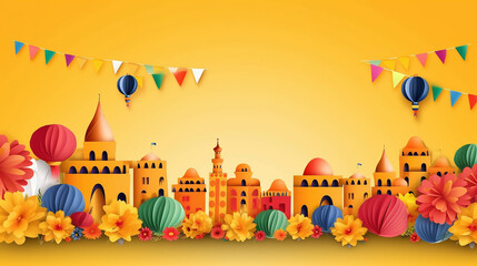 Festa Junina festival with party paper lantern on yellow background. 