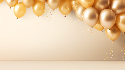 Celebration party banner with gold balloons on bright background with copy space, holiday concept - obrazy, fototapety, plakaty