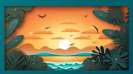 Fototapeta na wymiar Illustration of sunset or sunrise landscape with sea and sailing boat. Generative AI