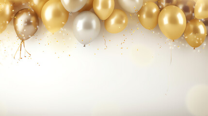 Celebration party banner with gold balloons on bright background with copy space, holiday concept - obrazy, fototapety, plakaty