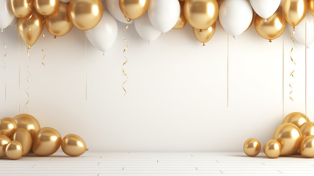 Celebration party banner with gold balloons on bright background with copy space, holiday concept