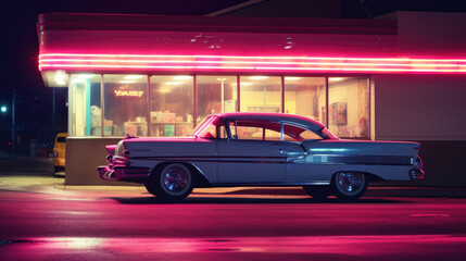 American vintage classic car in front of a dinner with neon signboard
