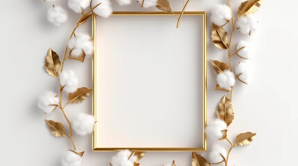 Square golden frame made of golden cotton buds in white background.  - obrazy, fototapety, plakaty