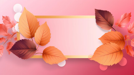 Trendy abstract frame with golden chestnut leaves in pink. 