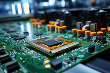 Motherboard of a computer or other electronic equipment. Close-up. Powerful multi-core processor.