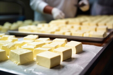 Photo of a variety of cheeses on a tray, ready to be enjoyed. Industrial cheese production plant. Modern technologies. Production of different types of cheese at the factory.