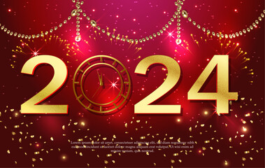 Happy new year 2024 3d word text with gradient color are fireworks and realistic watch abstract background