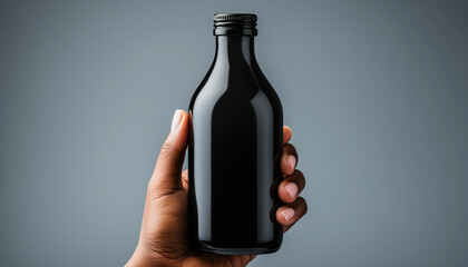 Holding a black bottle mockup