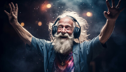 Old man wearing headphones happily