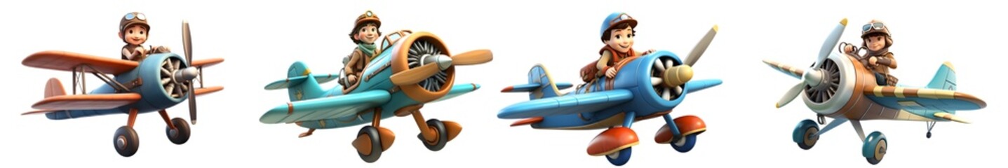 3d boy flying in retro airplane isolated on white background. Generative AI.