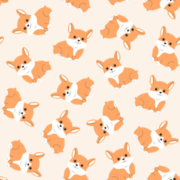 Cute corgi seamless pattern. Puppy on beige background. Vector illustration with funny baby dog. Childish textile design.