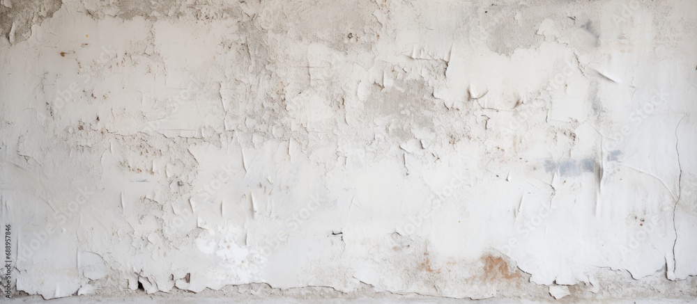 Poster Weathered white peeling paint wall, showing mold and raw concrete texture.