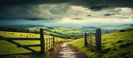 Fotobehang Scenic countryside with farm gate, road, rain clouds. High-quality photo. © 2rogan