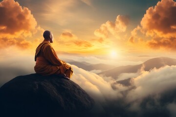 monk is meditating on the mountain at sunset - obrazy, fototapety, plakaty