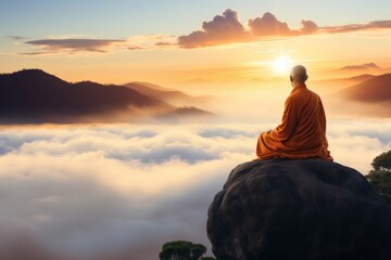 Monk is meditating on the mountain at sunset
