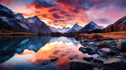 Fototapeta na wymiar A Tranquil Sunrise: Majestic Mountains and Reflective Lake in Nature's Palette