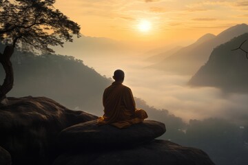The monk is meditating by the rock at sunset - obrazy, fototapety, plakaty