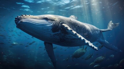 Majestic Ocean Ballet: Graceful Humpback Whale and a Symphony of Vibrant Fish in Clear Blue Waters