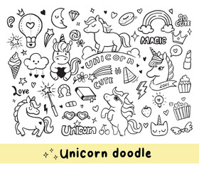 Magic unicorn elements, unicorn doodle