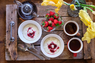 milk wheat semolina with raspberry jam.