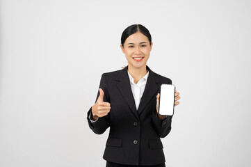 A businesswoman showing blank screen mock up smartphone to the camera, white isolated background.