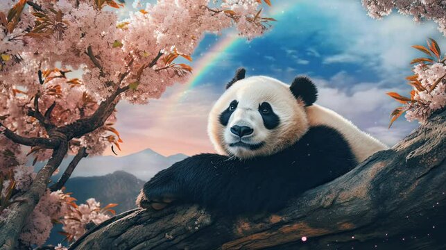 panda lying on a tree with a view of the bright and beautiful sky. seamless looping time-lapse virtual video Animation Background.