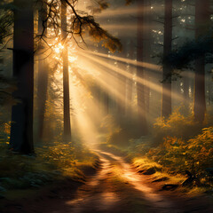 A sunlit forest path with rays filtering through the trees.