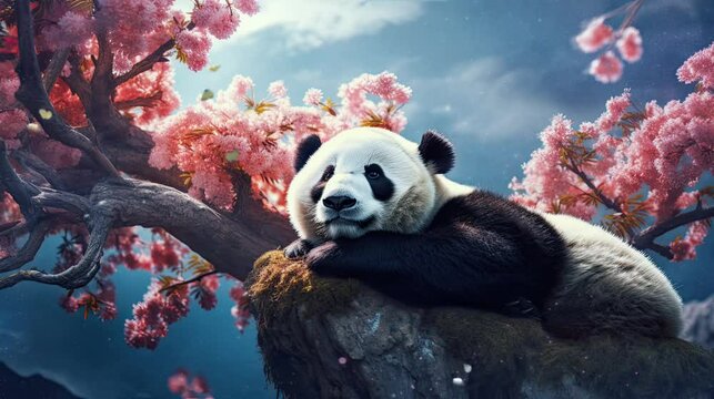 panda lying on a tree with a view of the bright and beautiful sky. seamless looping time-lapse virtual video Animation Background.