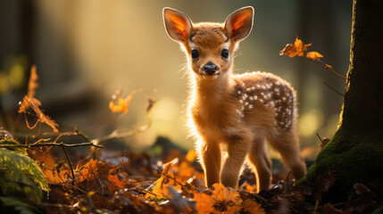 Fototapeta premium Baby Fawn looking at camera in a golden hued forest setting