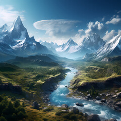 A snowy mountain range with a winding river.