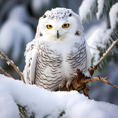 A snowy owl perched on a snow-covered branch.