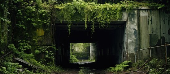 Overgrown tunnel entrance in abandoned Zeljava military base.